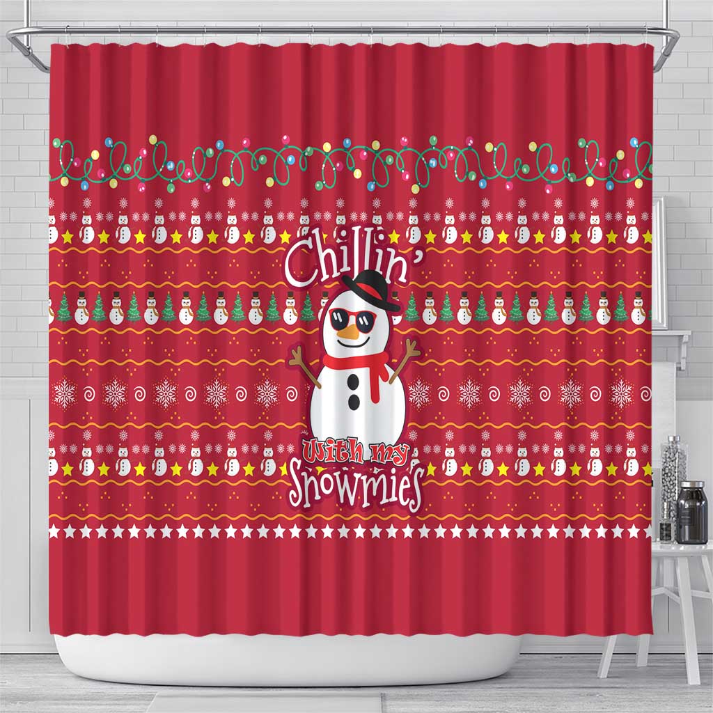 Christmas Chillin With My Snowmies Shower Curtain Cool Snowman Red Snowflake Light String - Wonder Print Shop