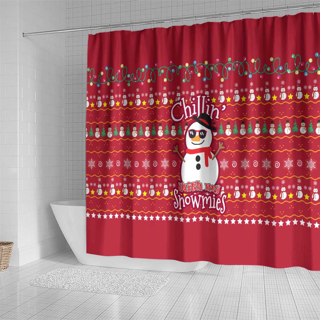 Christmas Chillin With My Snowmies Shower Curtain Cool Snowman Red Snowflake Light String - Wonder Print Shop