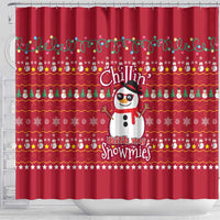 Christmas Chillin With My Snowmies Shower Curtain Cool Snowman Red Snowflake Light String - Wonder Print Shop