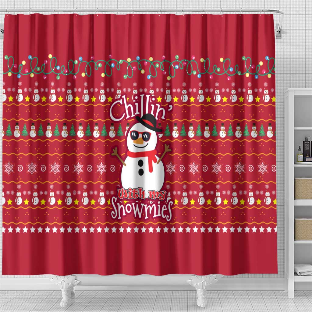 Christmas Chillin With My Snowmies Shower Curtain Cool Snowman Red Snowflake Light String - Wonder Print Shop