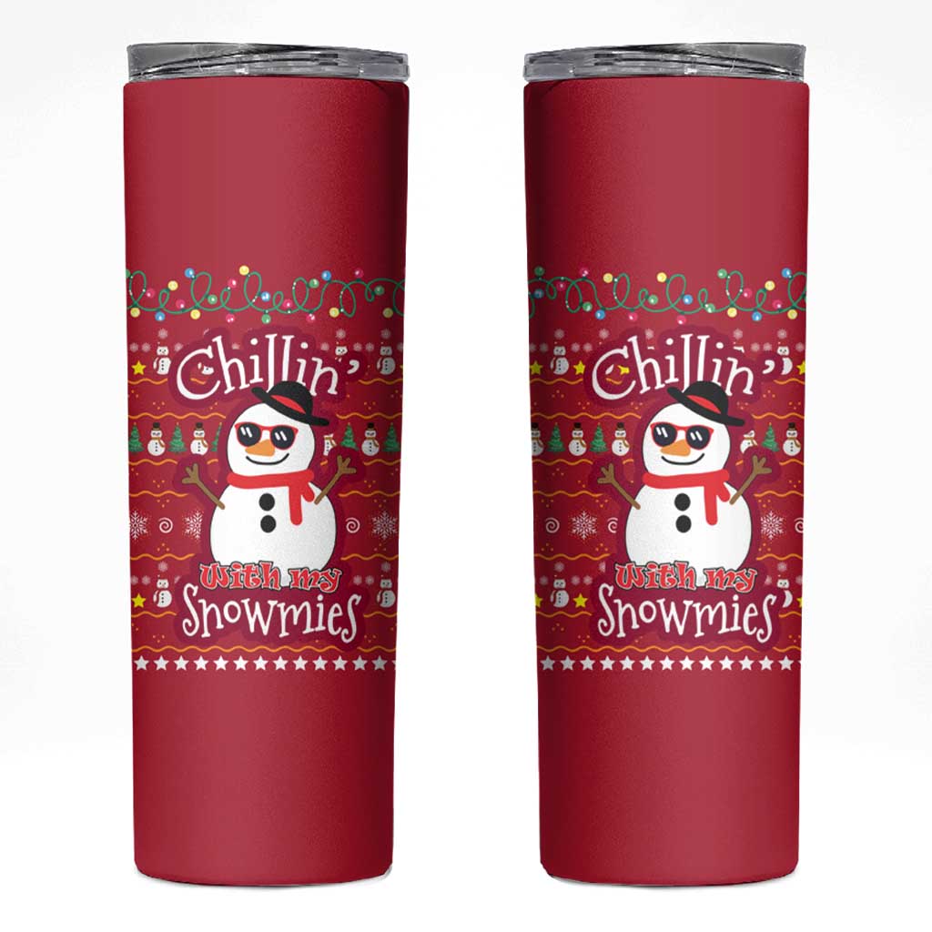 Christmas Chillin With My Snowmies Skinny Tumbler Cool Snowman Red Snowflake Light String - Wonder Print Shop