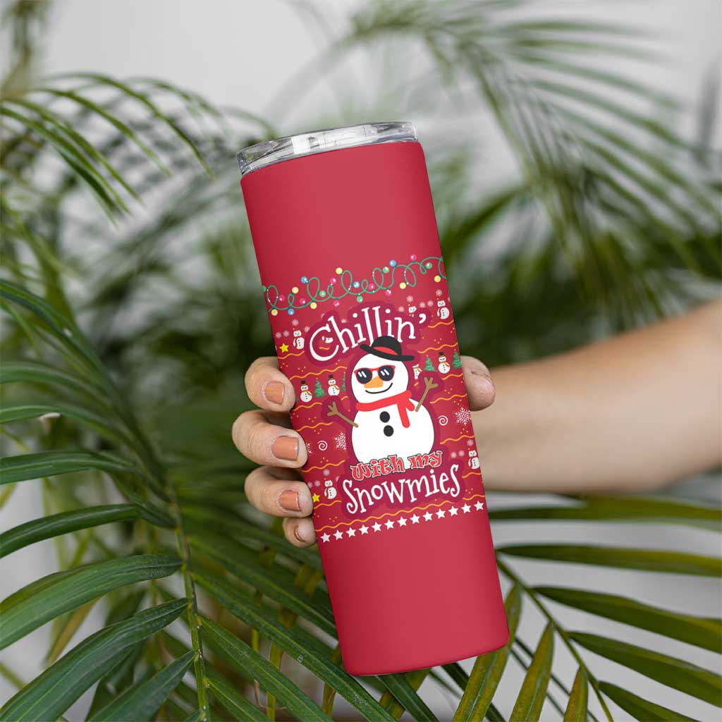 Christmas Chillin With My Snowmies Skinny Tumbler Cool Snowman Red Snowflake Light String - Wonder Print Shop