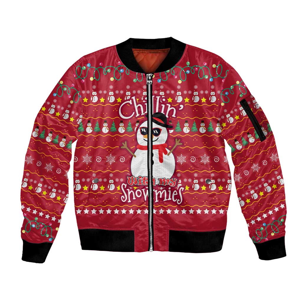 Christmas Chillin With My Snowmies Sleeve Zip Bomber Jacket Cool Snowman Red Snowflake Light String - Wonder Print Shop