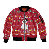 Christmas Chillin With My Snowmies Sleeve Zip Bomber Jacket Cool Snowman Red Snowflake Light String - Wonder Print Shop