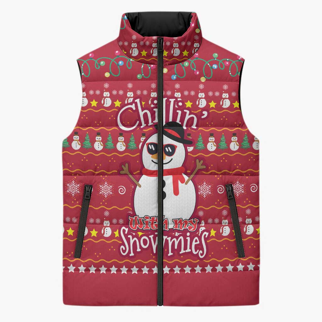 Christmas Chillin With My Snowmies Sleeveless Puffer Jacket Cool Snowman Red Snowflake Light String - Wonder Print Shop