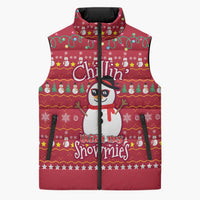 Christmas Chillin With My Snowmies Sleeveless Puffer Jacket Cool Snowman Red Snowflake Light String - Wonder Print Shop
