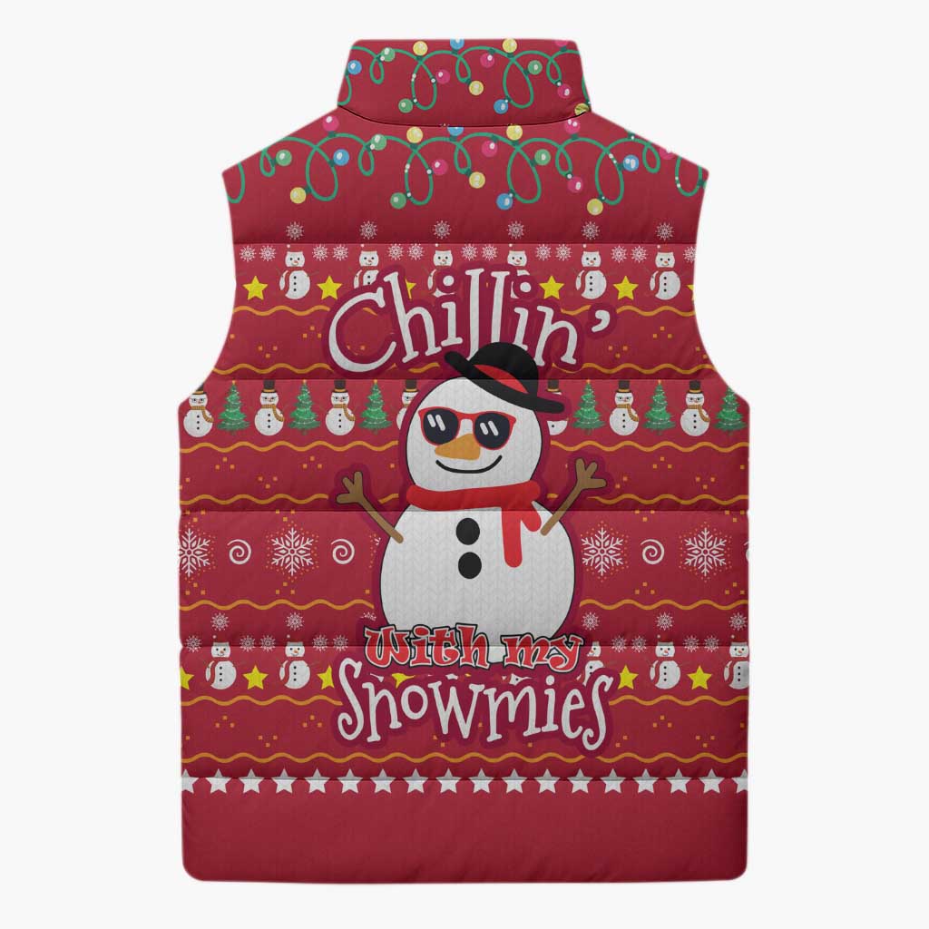 Christmas Chillin With My Snowmies Sleeveless Puffer Jacket Cool Snowman Red Snowflake Light String - Wonder Print Shop