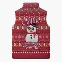 Christmas Chillin With My Snowmies Sleeveless Puffer Jacket Cool Snowman Red Snowflake Light String - Wonder Print Shop