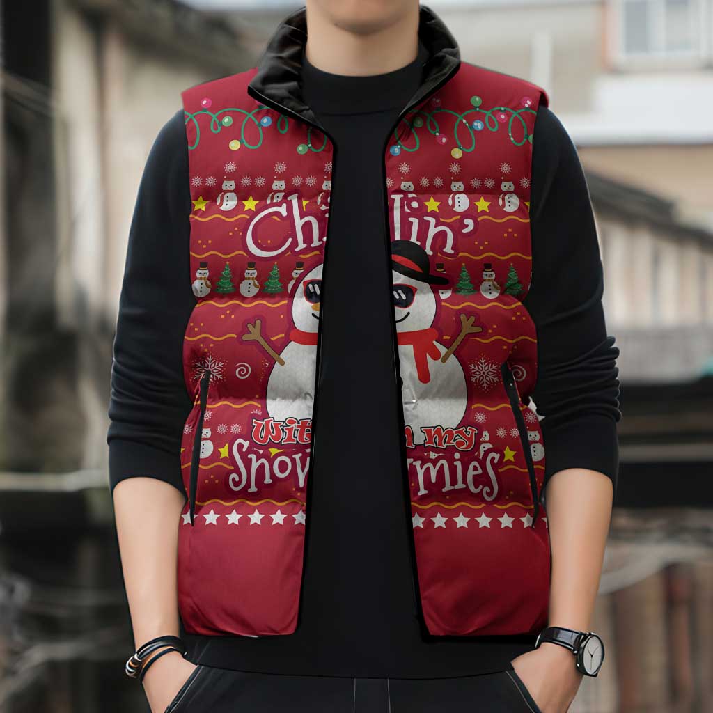 Christmas Chillin With My Snowmies Sleeveless Puffer Jacket Cool Snowman Red Snowflake Light String - Wonder Print Shop