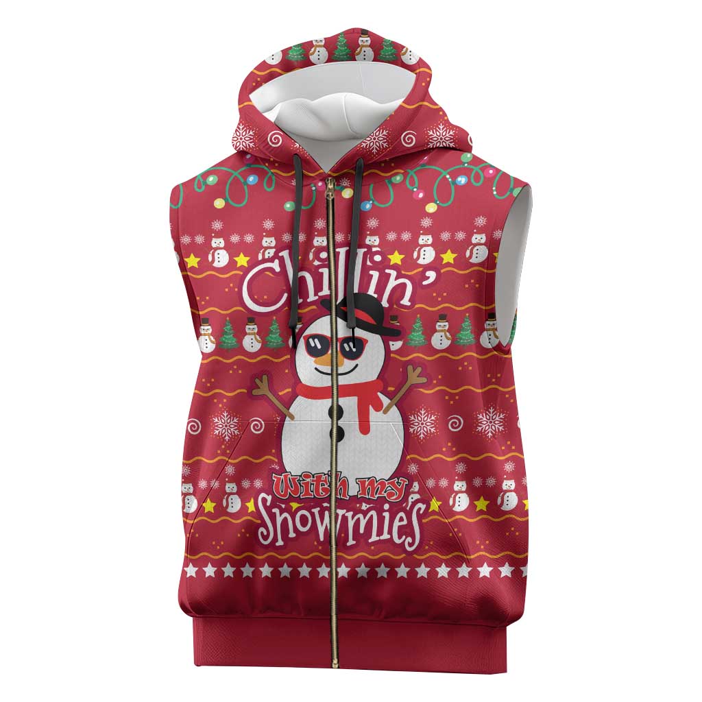 Christmas Chillin With My Snowmies Sleeveless Zip Hoodie Cool Snowman Red Snowflake Light String - Wonder Print Shop