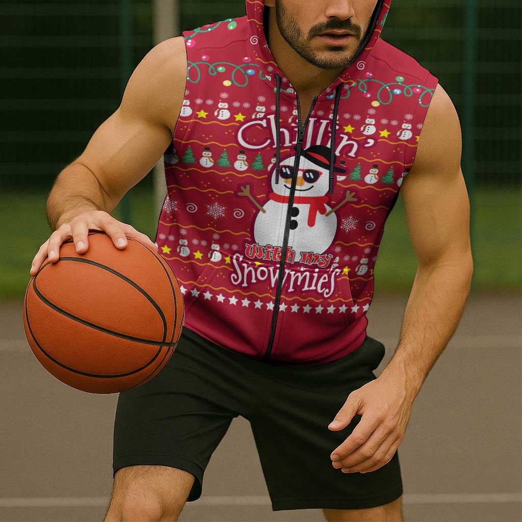 Christmas Chillin With My Snowmies Sleeveless Zip Hoodie Cool Snowman Red Snowflake Light String - Wonder Print Shop
