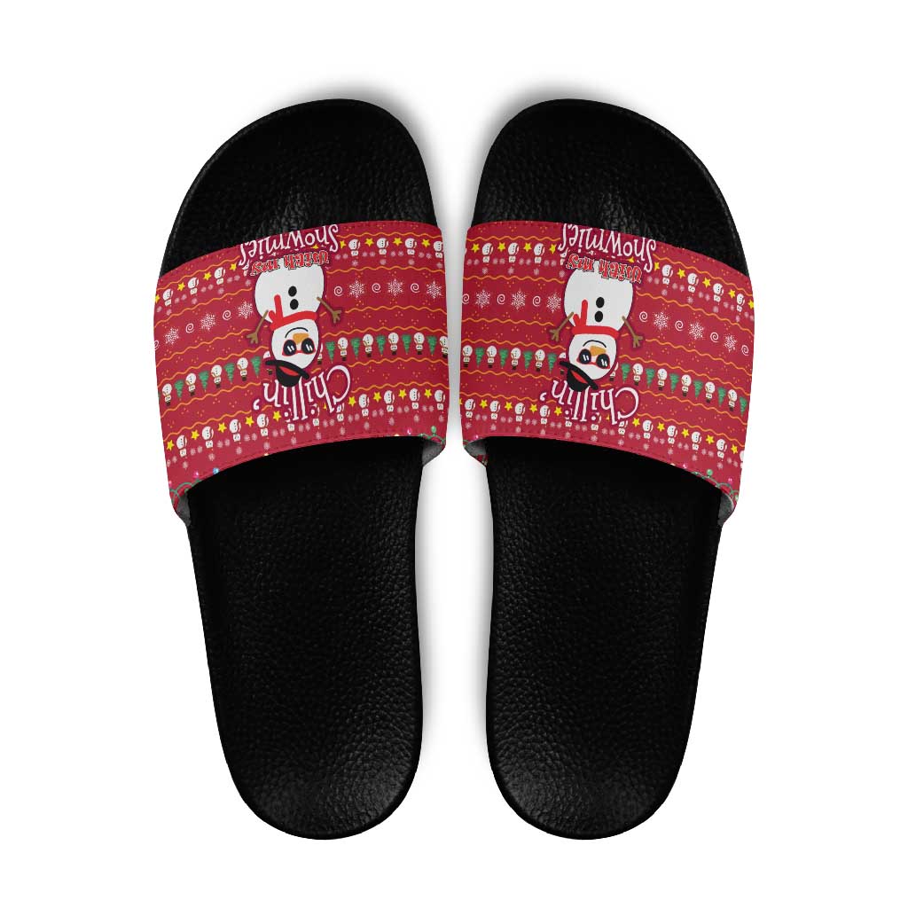 Christmas Chillin With My Snowmies Slide Sandals Cool Snowman Red Snowflake Light String - Wonder Print Shop