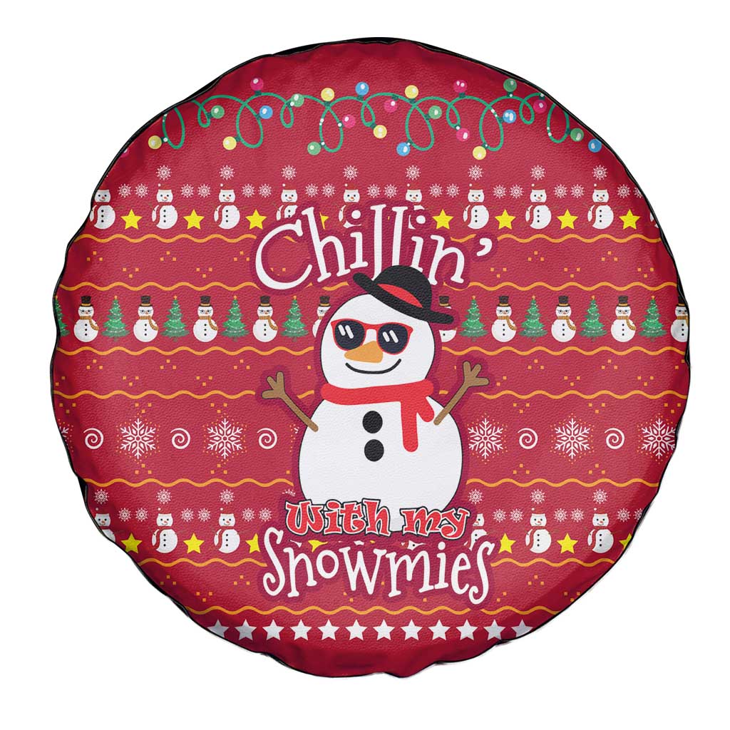 Christmas Chillin With My Snowmies Spare Tire Cover Cool Snowman Red Snowflake Light String - Wonder Print Shop