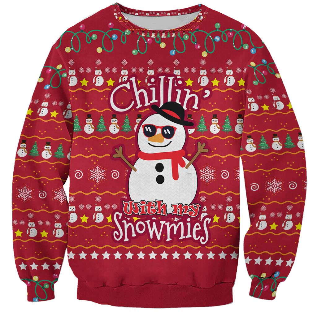 Christmas Chillin With My Snowmies Sweatshirt Cool Snowman Red Snowflake Light String - Wonder Print Shop