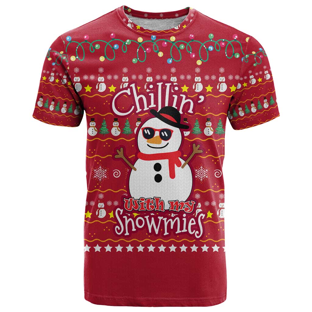 Christmas Chillin With My Snowmies T Shirt Cool Snowman Red Snowflake Light String - Wonder Print Shop