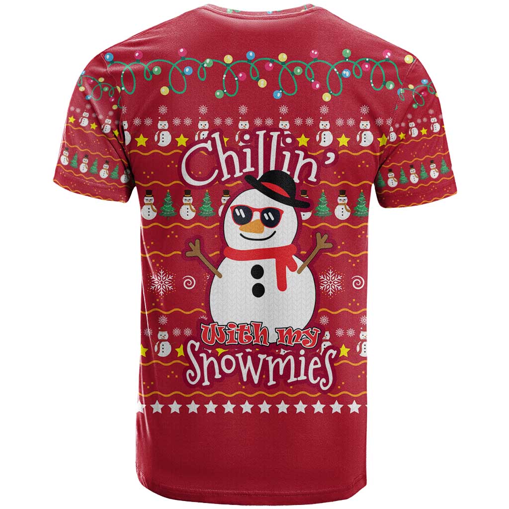 Christmas Chillin With My Snowmies T Shirt Cool Snowman Red Snowflake Light String - Wonder Print Shop