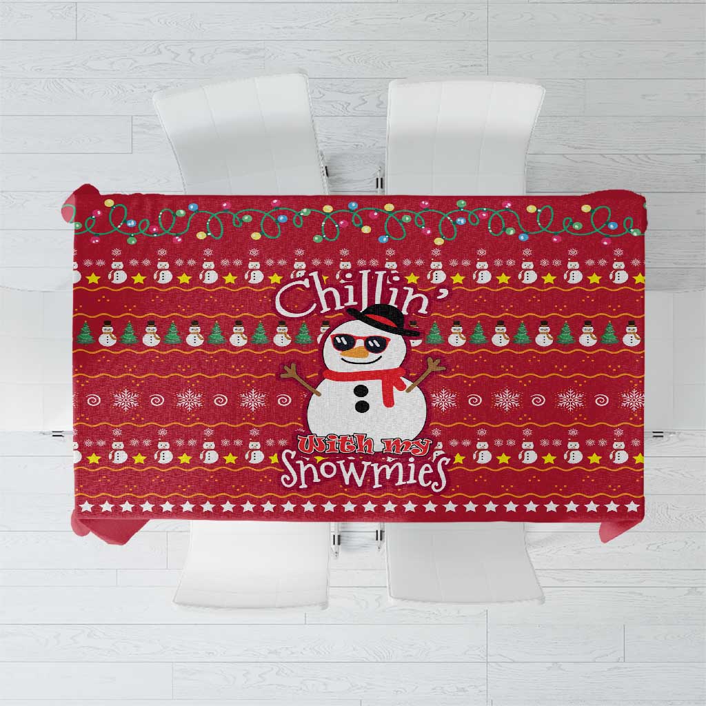Christmas Chillin With My Snowmies Tablecloth Cool Snowman Red Snowflake Light String - Wonder Print Shop