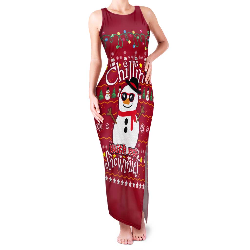 Christmas Chillin With My Snowmies Tank Maxi Dress Cool Snowman Red Snowflake Light String - Wonder Print Shop