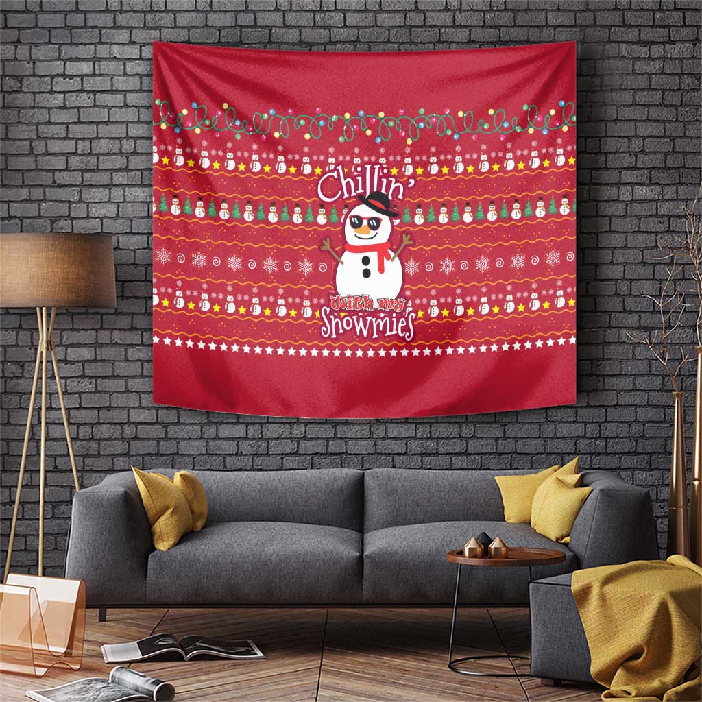 Christmas Chillin With My Snowmies Tapestry Cool Snowman Red Snowflake Light String - Wonder Print Shop