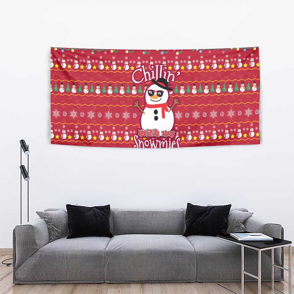 Christmas Chillin With My Snowmies Tapestry Cool Snowman Red Snowflake Light String - Wonder Print Shop