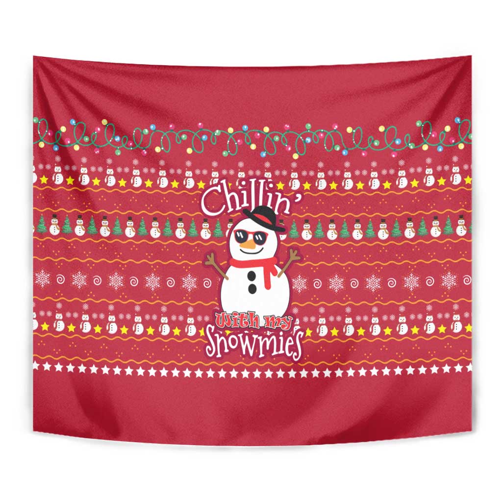 Christmas Chillin With My Snowmies Tapestry Cool Snowman Red Snowflake Light String - Wonder Print Shop