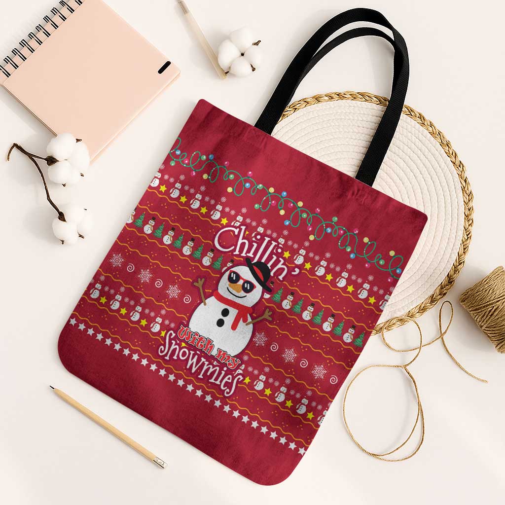 Christmas Chillin With My Snowmies Tote Bag Cool Snowman Red Snowflake Light String - Wonder Print Shop