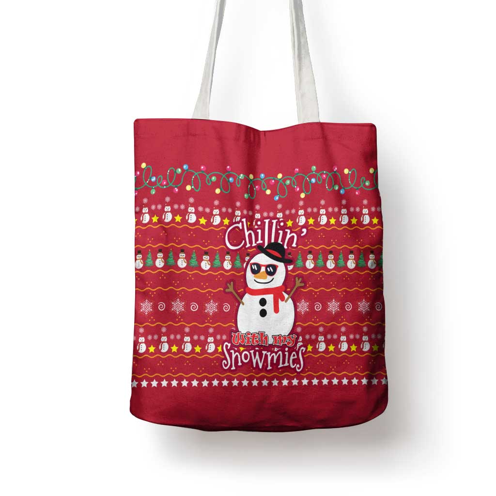 Christmas Chillin With My Snowmies Tote Bag Cool Snowman Red Snowflake Light String - Wonder Print Shop