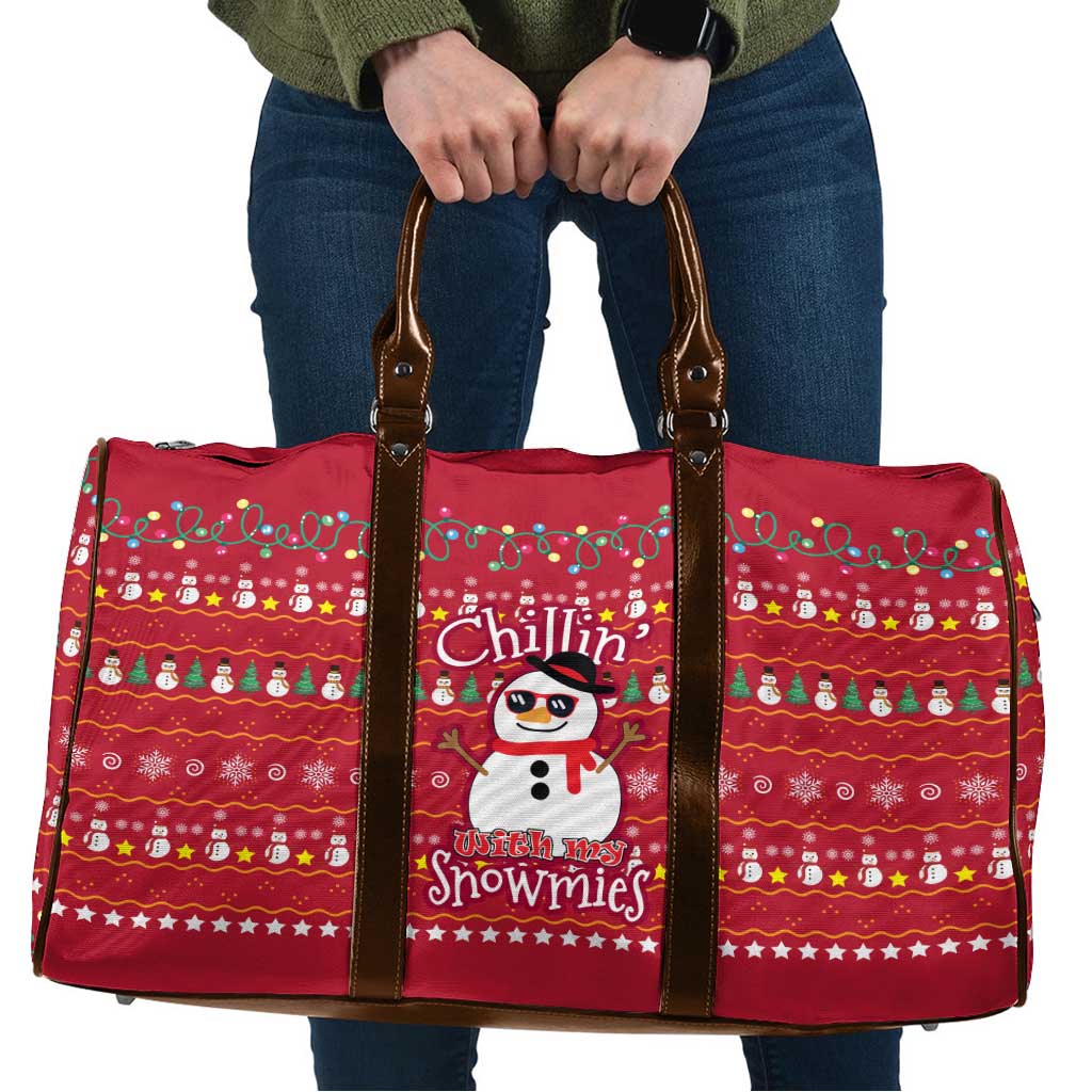 Christmas Chillin With My Snowmies Travel Bag Cool Snowman Red Snowflake Light String - Wonder Print Shop