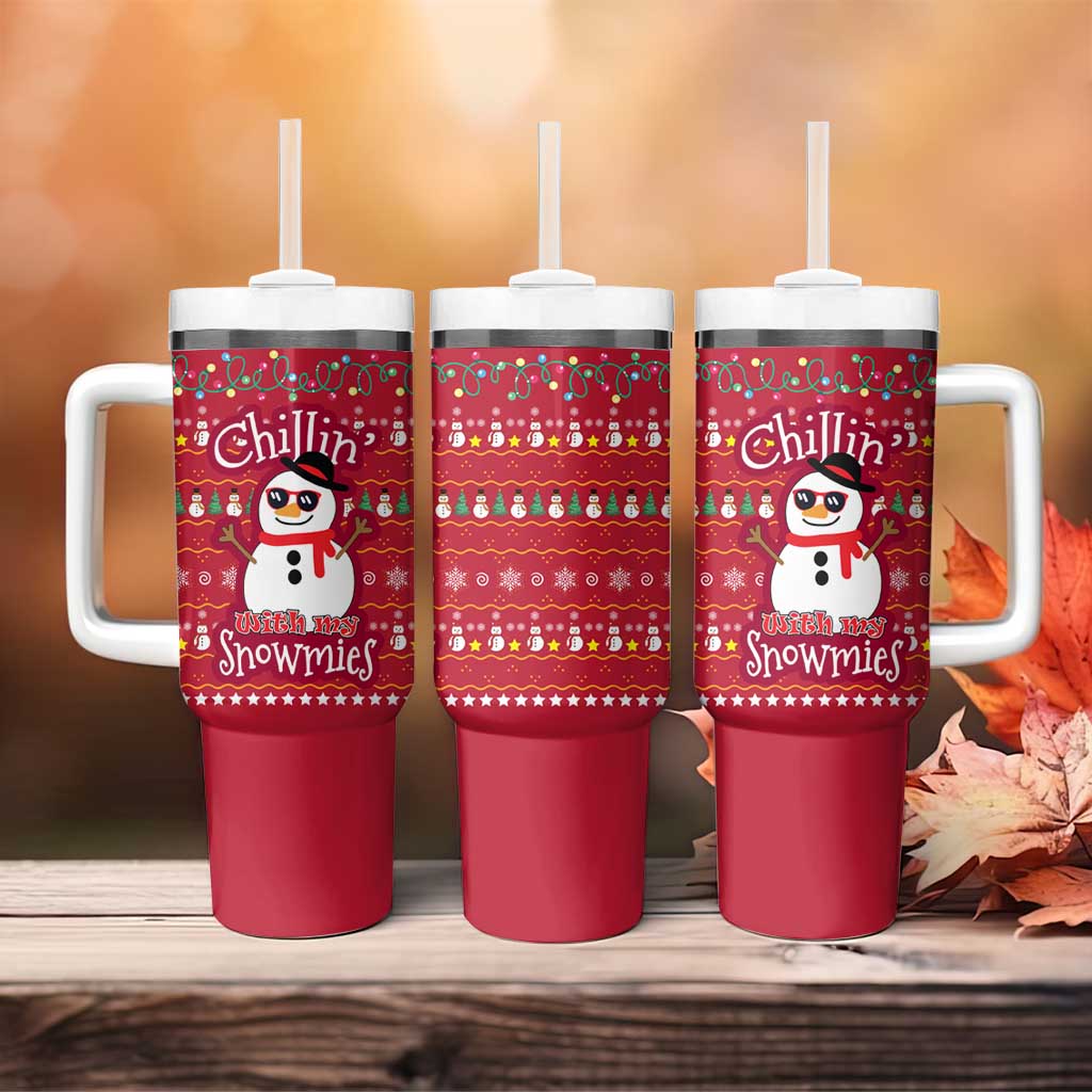 Christmas Chillin With My Snowmies Tumbler With Handle Cool Snowman Red Snowflake Light String - Wonder Print Shop