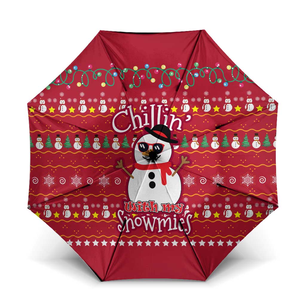 Christmas Chillin With My Snowmies Umbrella Cool Snowman Red Snowflake Light String - Wonder Print Shop