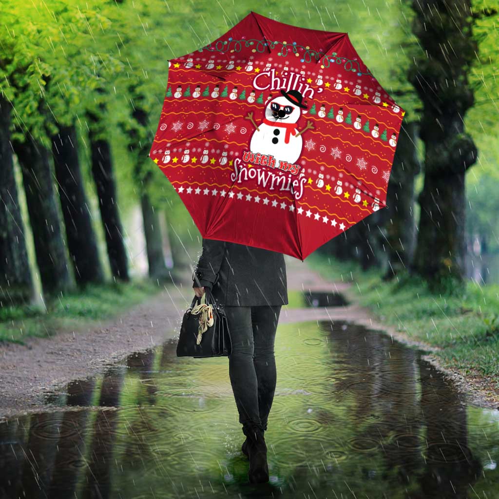 Christmas Chillin With My Snowmies Umbrella Cool Snowman Red Snowflake Light String - Wonder Print Shop