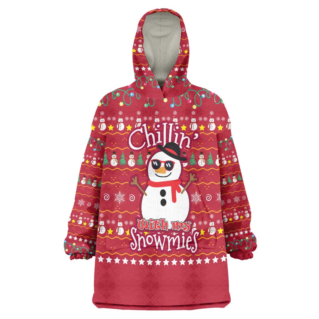 Christmas Chillin With My Snowmies Wearable Blanket Hoodie Cool Snowman Red Snowflake Light String - Wonder Print Shop