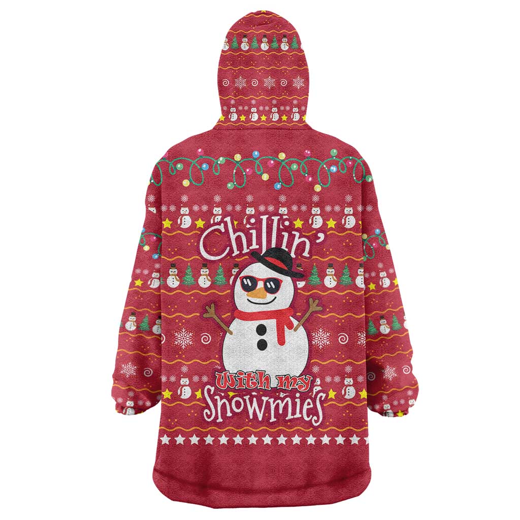 Christmas Chillin With My Snowmies Wearable Blanket Hoodie Cool Snowman Red Snowflake Light String - Wonder Print Shop