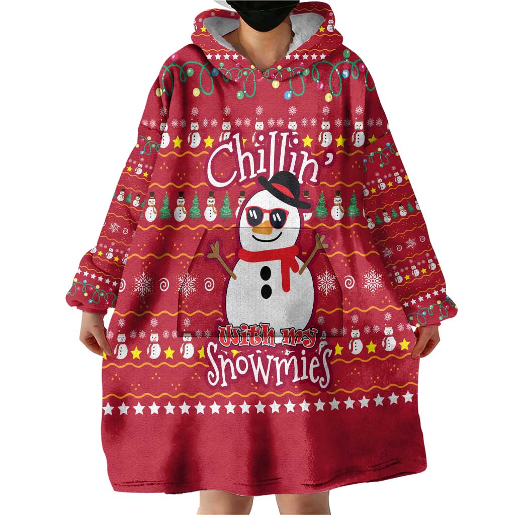 Christmas Chillin With My Snowmies Wearable Blanket Hoodie Cool Snowman Red Snowflake Light String - Wonder Print Shop