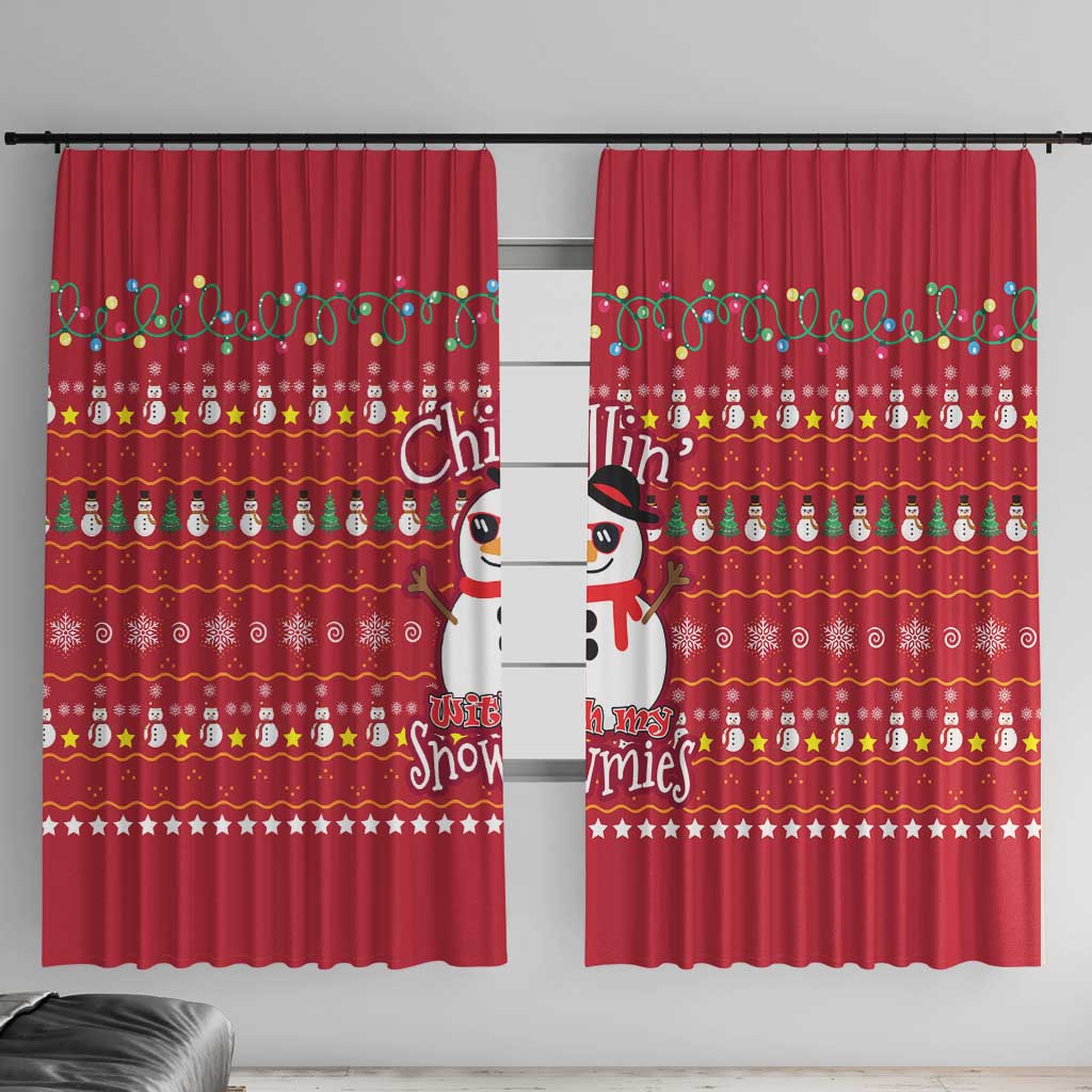 Christmas Chillin With My Snowmies Window Curtain Cool Snowman Red Snowflake Light String - Wonder Print Shop