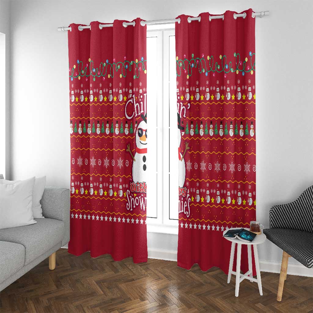 Christmas Chillin With My Snowmies Window Curtain Cool Snowman Red Snowflake Light String - Wonder Print Shop