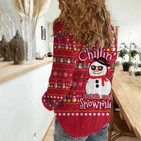 Christmas Chillin With My Snowmies Women Casual Shirt Cool Snowman Red Snowflake Light String - Wonder Print Shop