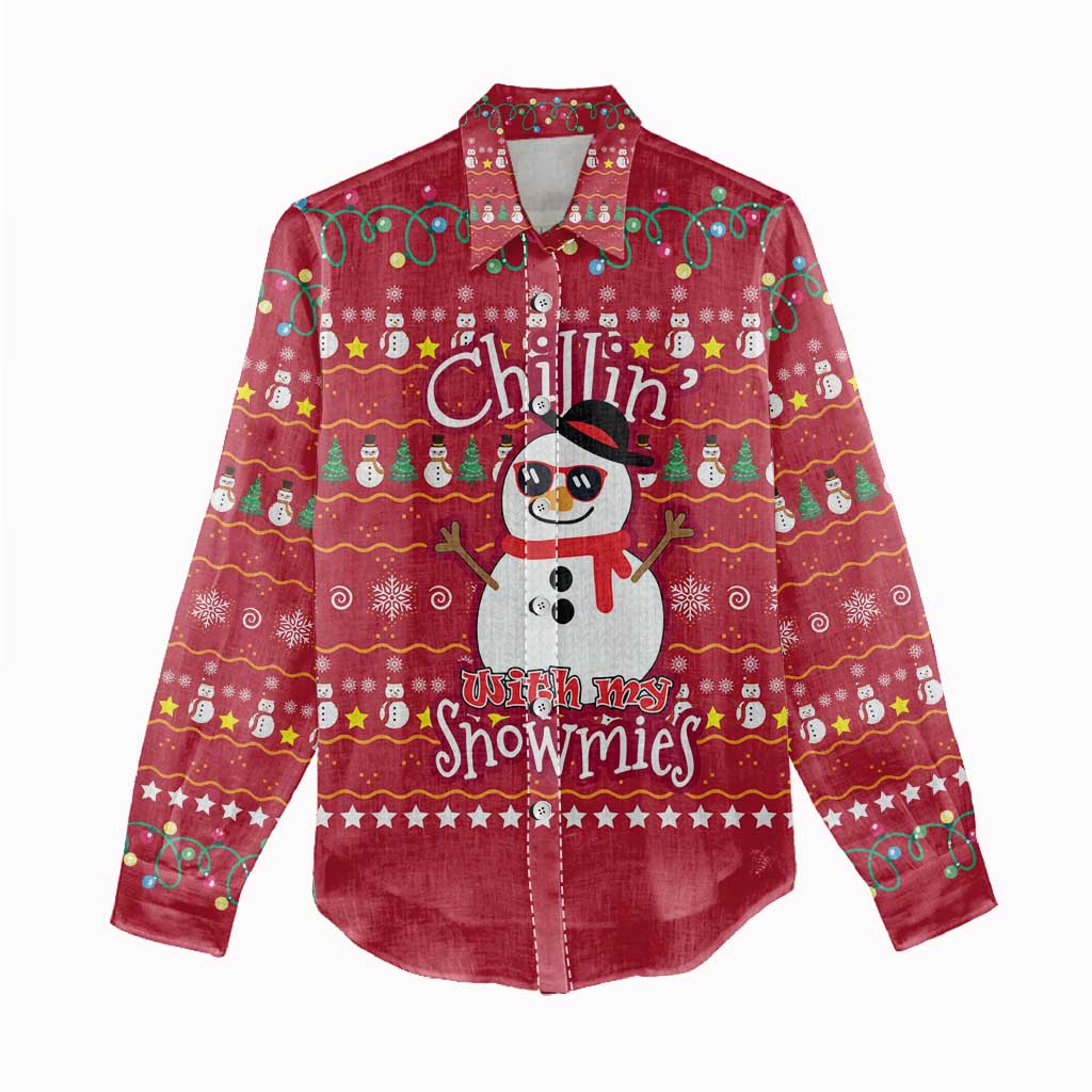 Christmas Chillin With My Snowmies Women Casual Shirt Cool Snowman Red Snowflake Light String - Wonder Print Shop