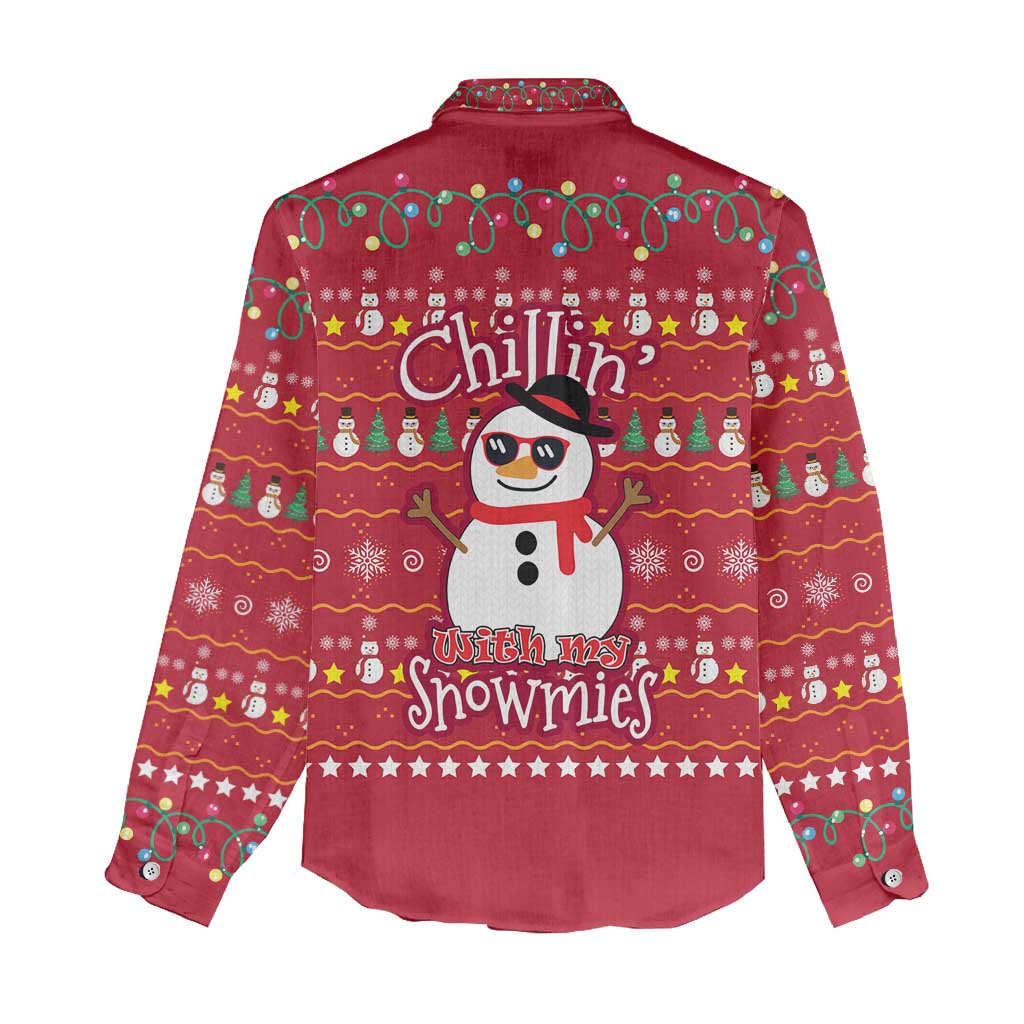 Christmas Chillin With My Snowmies Women Casual Shirt Cool Snowman Red Snowflake Light String - Wonder Print Shop