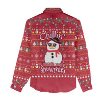Christmas Chillin With My Snowmies Women Casual Shirt Cool Snowman Red Snowflake Light String - Wonder Print Shop