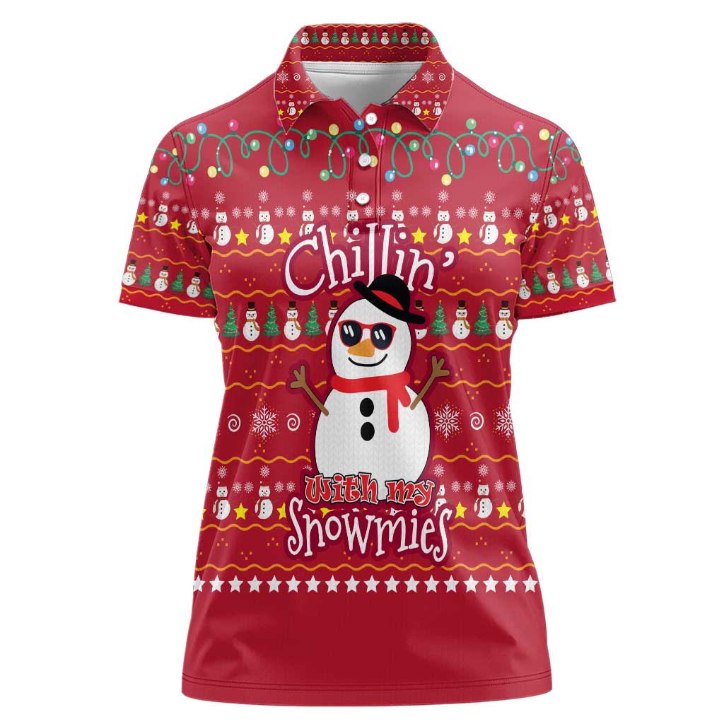 Christmas Chillin With My Snowmies Women Polo Shirt Cool Snowman Red Snowflake Light String - Wonder Print Shop