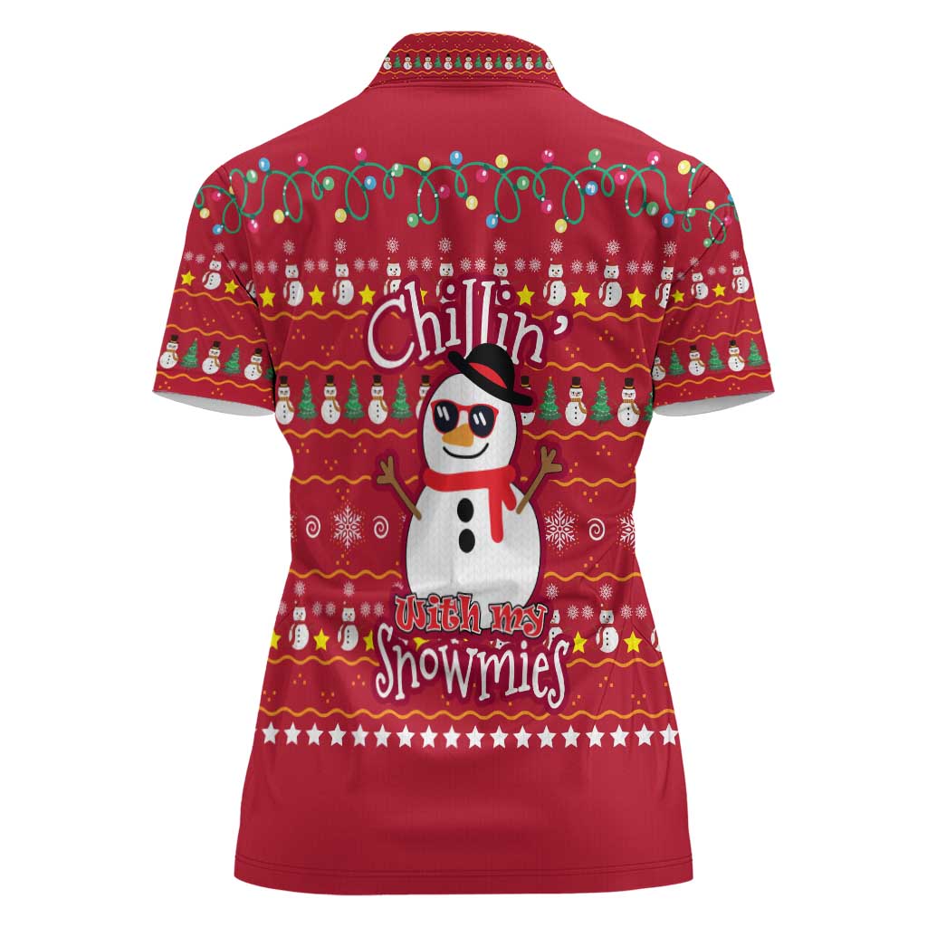 Christmas Chillin With My Snowmies Women Polo Shirt Cool Snowman Red Snowflake Light String - Wonder Print Shop