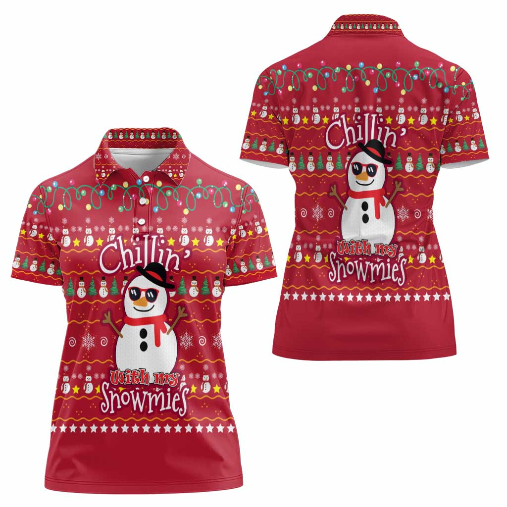 Christmas Chillin With My Snowmies Women Polo Shirt Cool Snowman Red Snowflake Light String - Wonder Print Shop