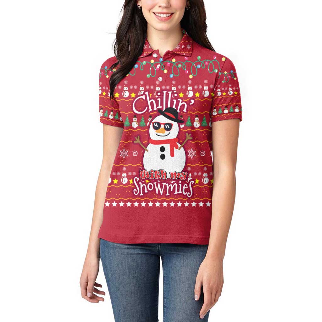 Christmas Chillin With My Snowmies Women Polo Shirt Cool Snowman Red Snowflake Light String - Wonder Print Shop