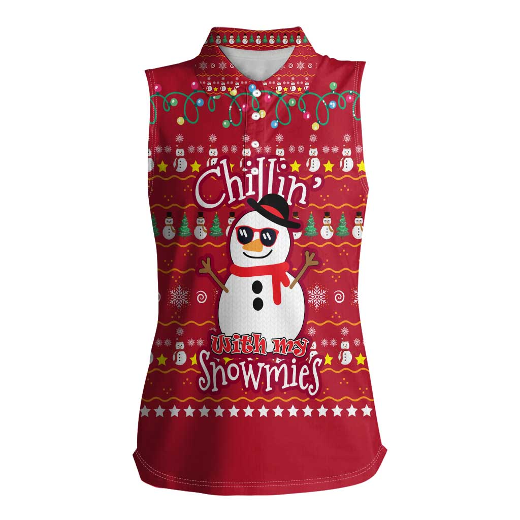 Christmas Chillin With My Snowmies Women Sleeveless Polo Shirt Cool Snowman Red Snowflake Light String - Wonder Print Shop