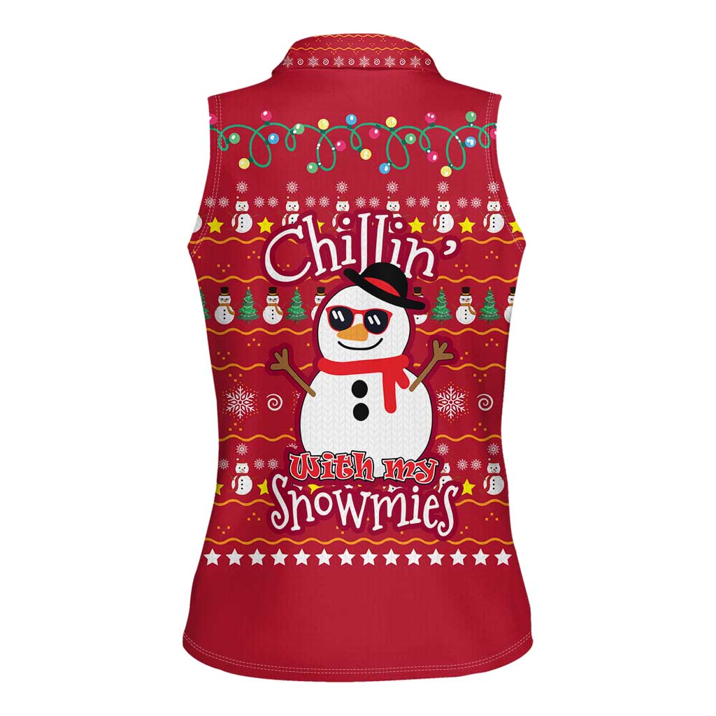 Christmas Chillin With My Snowmies Women Sleeveless Polo Shirt Cool Snowman Red Snowflake Light String - Wonder Print Shop