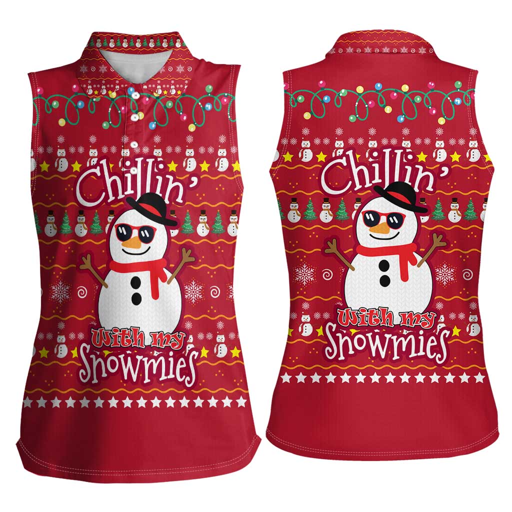 Christmas Chillin With My Snowmies Women Sleeveless Polo Shirt Cool Snowman Red Snowflake Light String - Wonder Print Shop