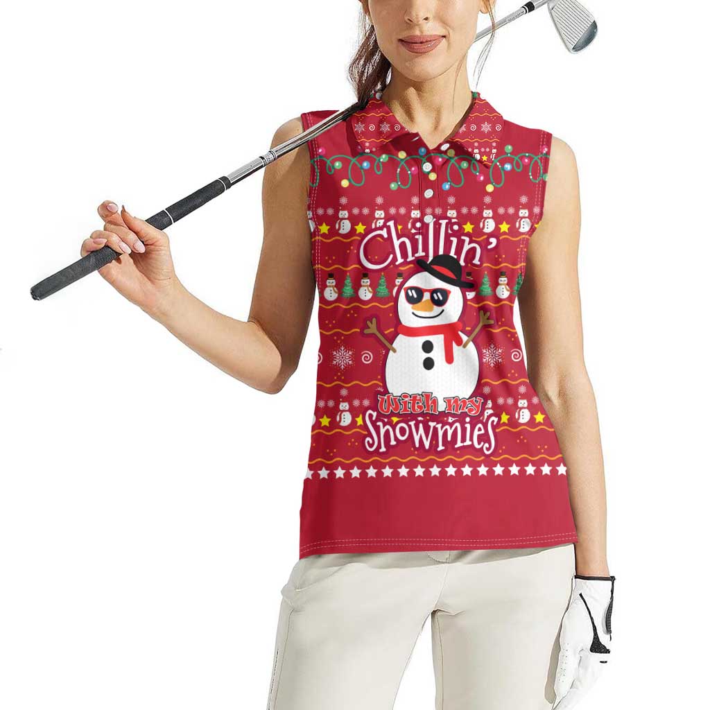 Christmas Chillin With My Snowmies Women Sleeveless Polo Shirt Cool Snowman Red Snowflake Light String - Wonder Print Shop