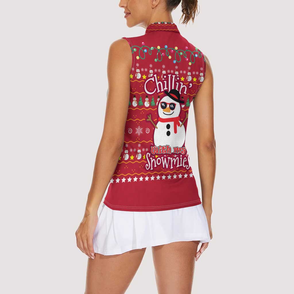 Christmas Chillin With My Snowmies Women Sleeveless Polo Shirt Cool Snowman Red Snowflake Light String - Wonder Print Shop