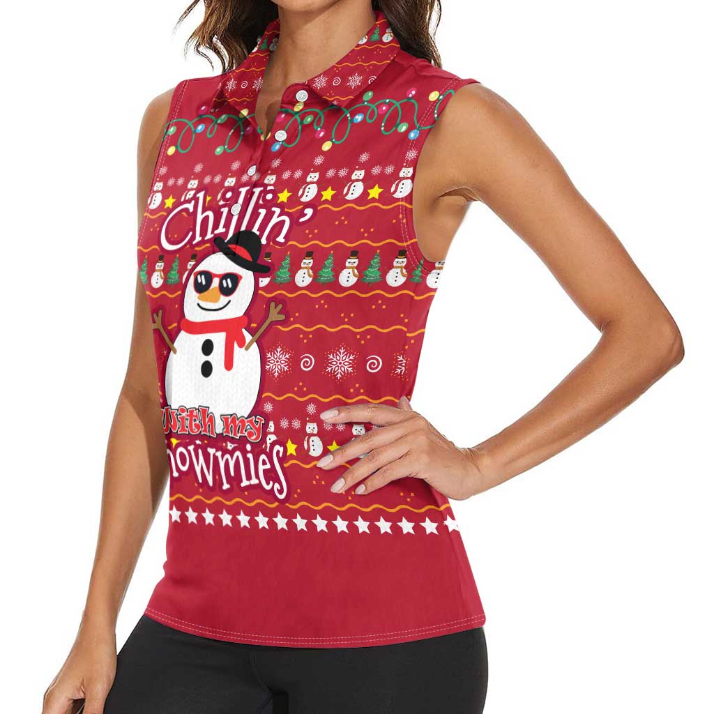 Christmas Chillin With My Snowmies Women Sleeveless Polo Shirt Cool Snowman Red Snowflake Light String - Wonder Print Shop